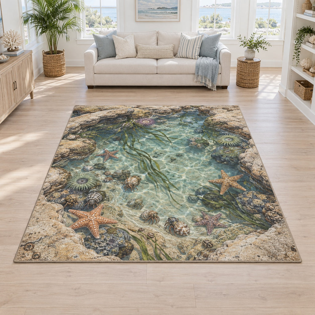 Tide Pool Creatures Area Rug with dimensional printed themed artwork; representative AI-generated mockup.