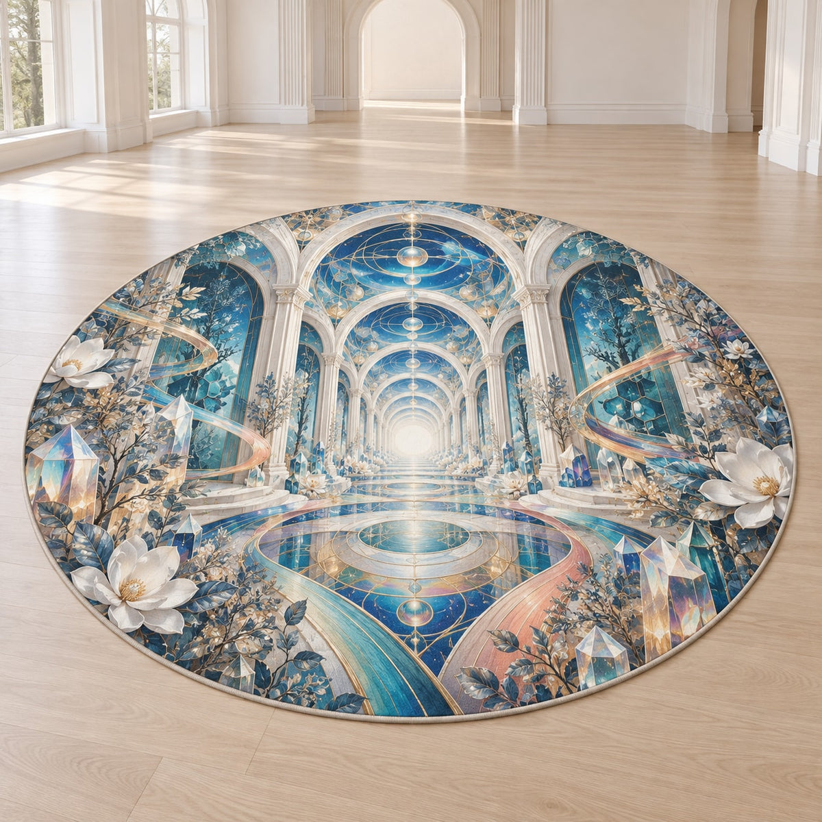 Laboratory Discovery Atrium Area Rug with dimensional printed themed artwork; representative AI-generated mockup.