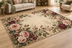 Rose Herbarium Area Rug with dimensional printed themed artwork; representative AI-generated mockup.