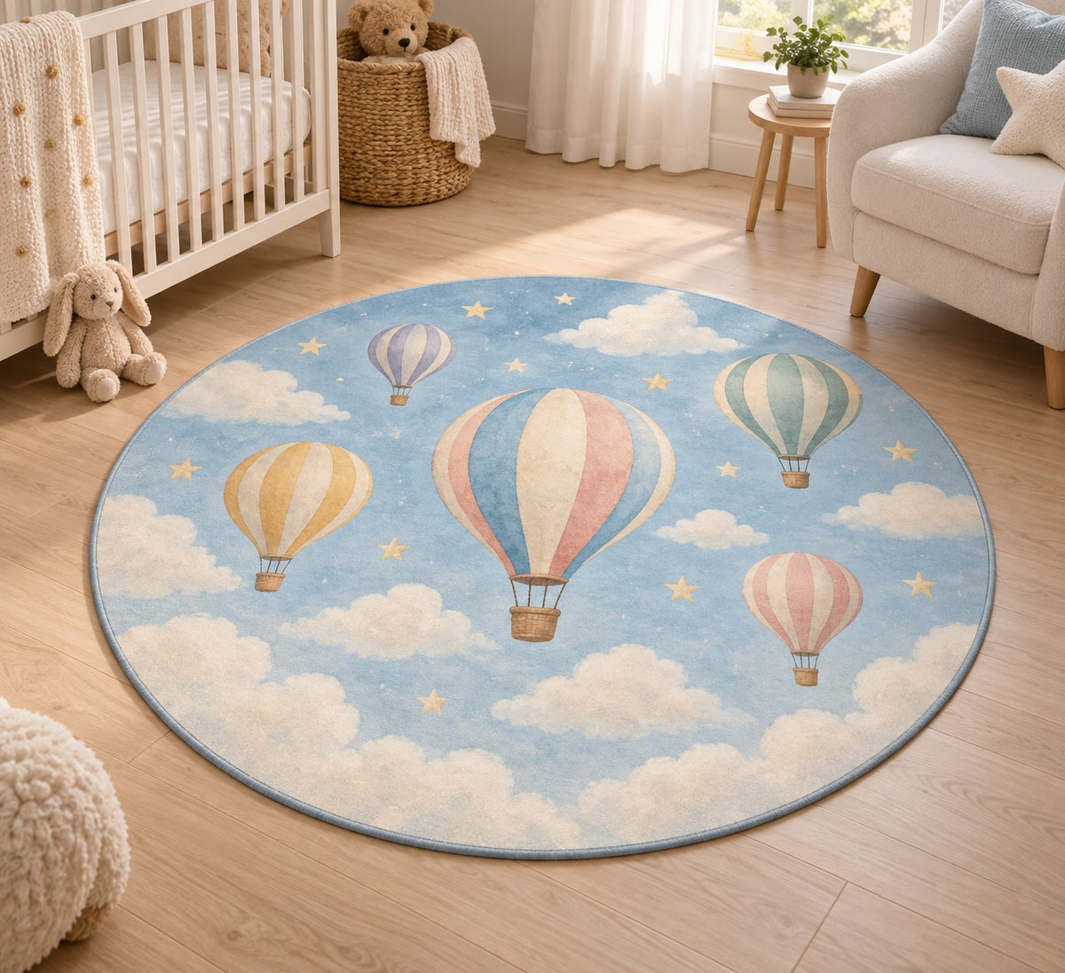 Hot Air Balloon Sky Area Rug with dimensional printed themed artwork; representative AI-generated mockup.