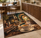 Espresso Corner Area Rug with dimensional printed themed artwork; representative AI-generated mockup.
