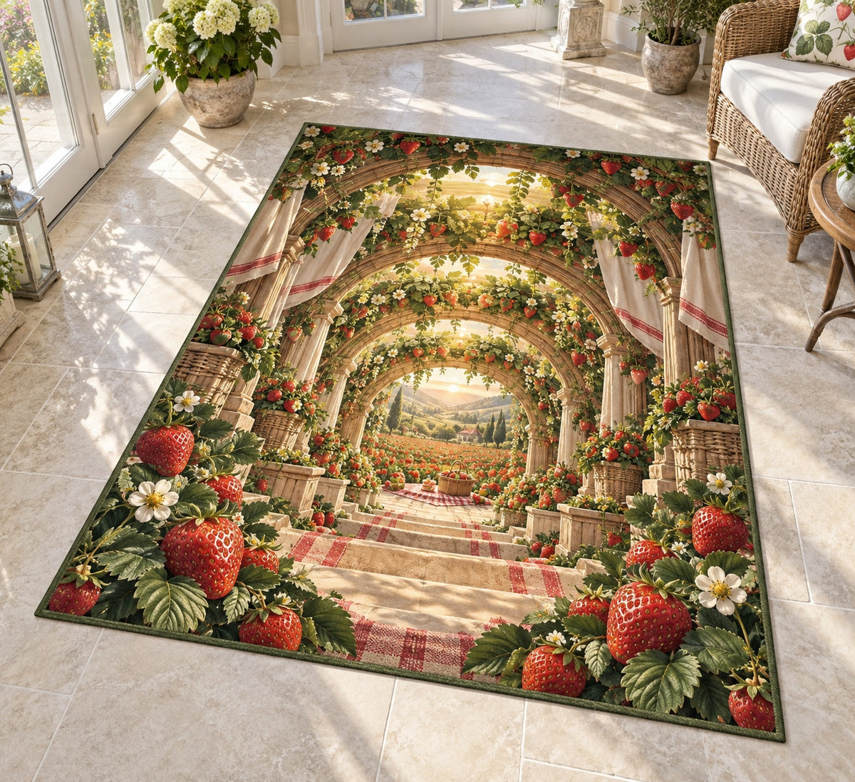 Strawberry Picnic Area Rug with dimensional printed themed artwork; representative AI-generated mockup.