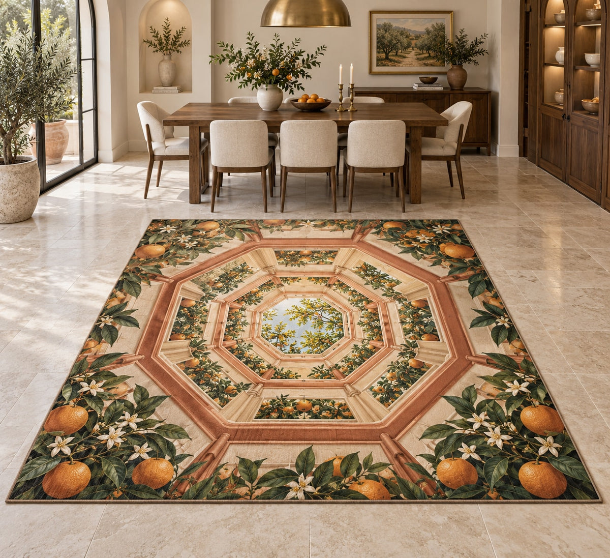 Orange Grove Kitchen Area Rug with dimensional printed themed artwork; representative AI-generated mockup.