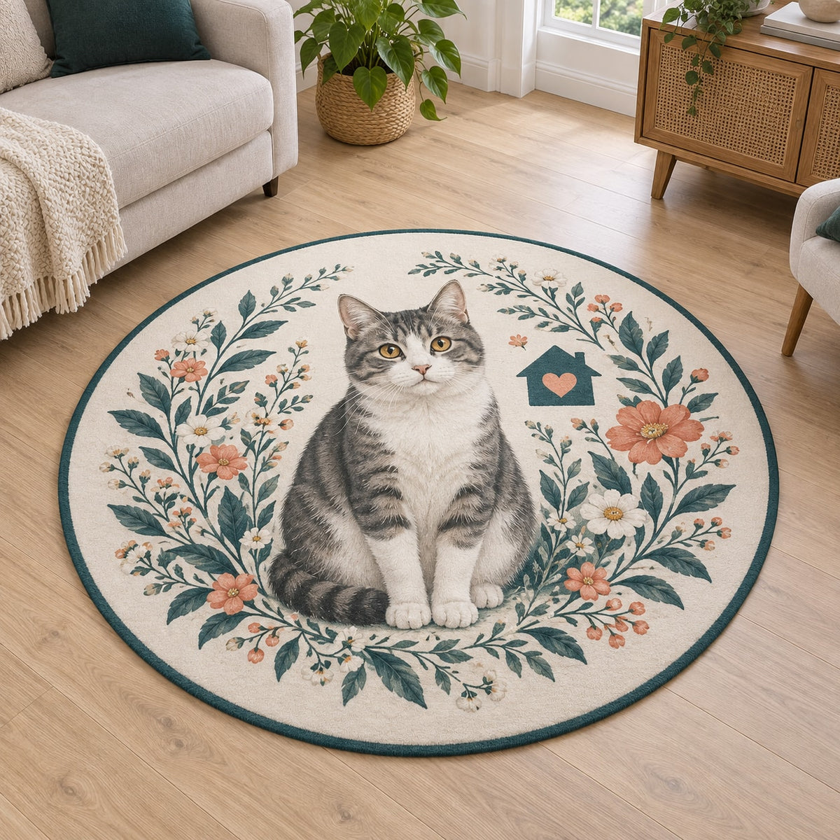 Rescue Cat Advocate Area Rug with dimensional printed themed artwork; representative AI-generated mockup.