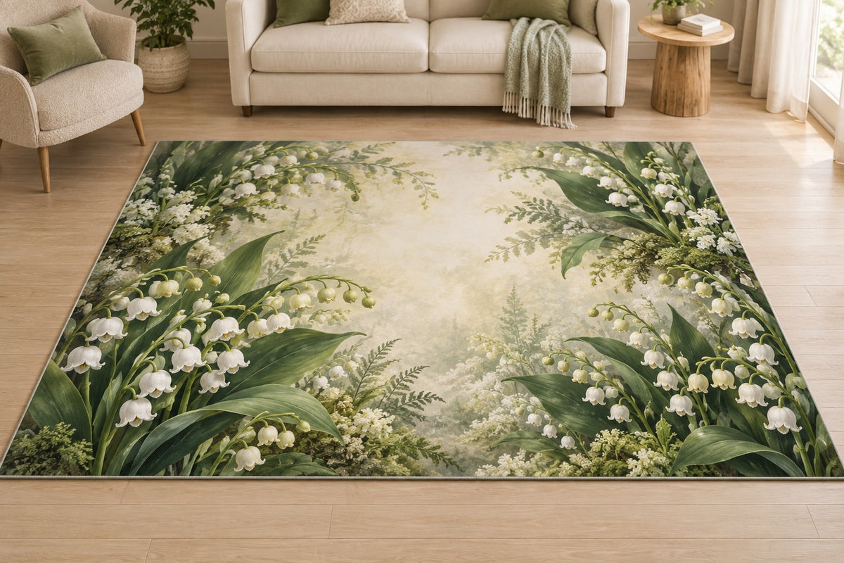 Lily of the Valley Area Rug with dimensional printed themed artwork; representative AI-generated mockup.