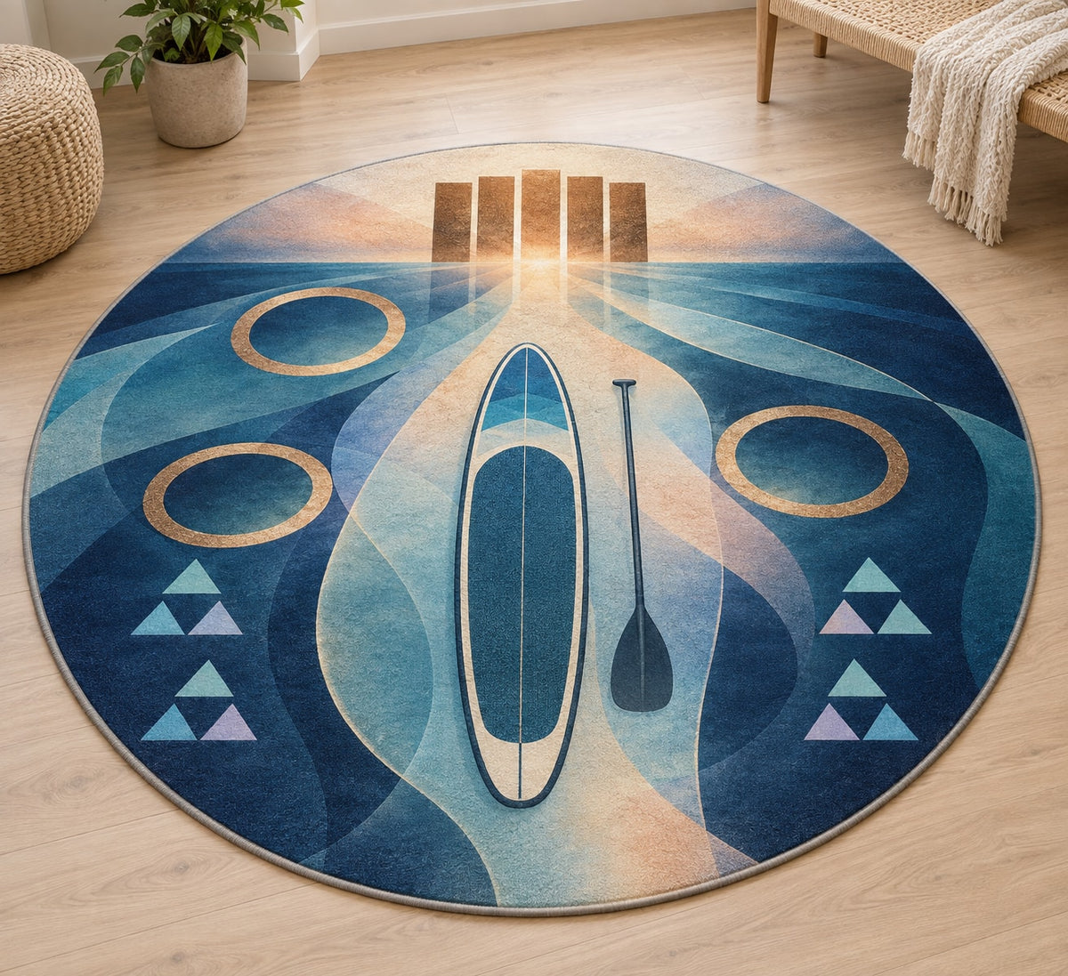 Stillwater Stance Prismwake Area Rug with dimensional printed themed artwork; representative AI-generated mockup.