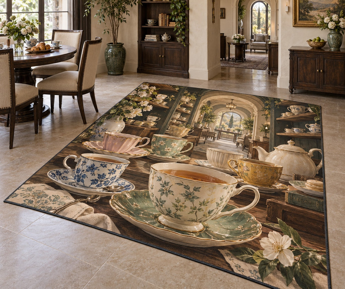 Tea Cup Collection Area Rug with dimensional printed themed artwork; representative AI-generated mockup.