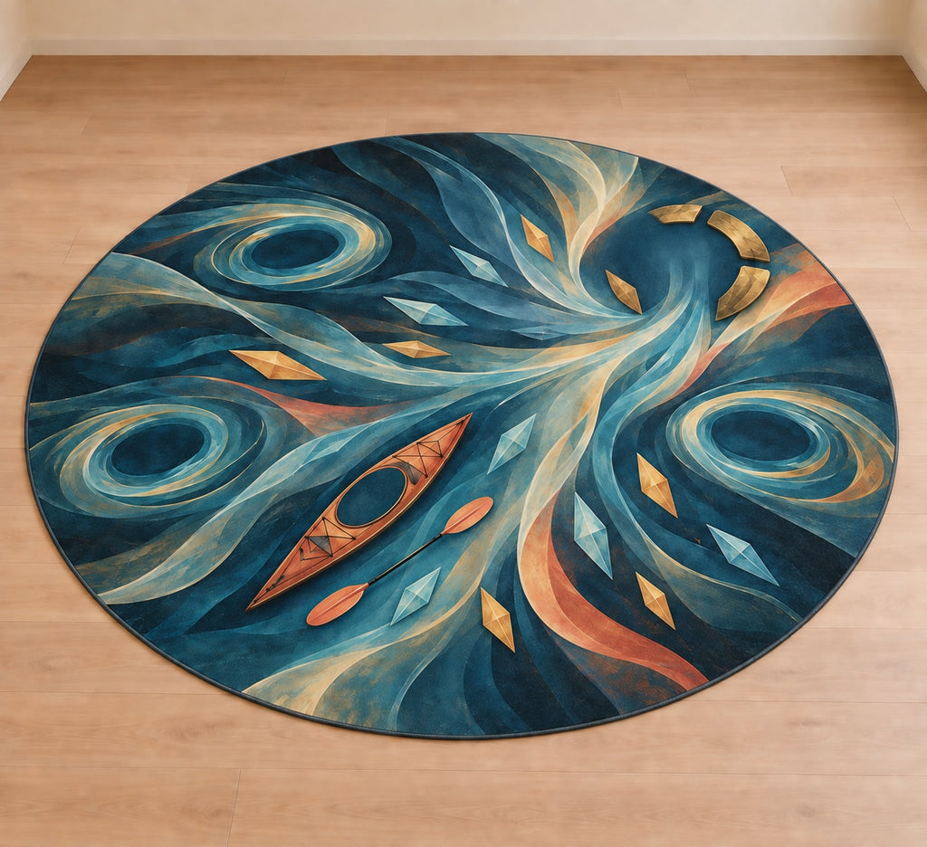 Riverglass Paddle Confluence Area Rug with dimensional printed themed artwork; representative AI-generated mockup.