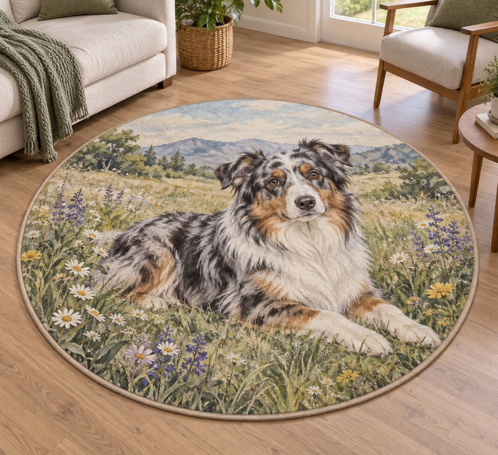 Australian Shepherd Area Rug with dimensional printed themed artwork; representative AI-generated mockup.