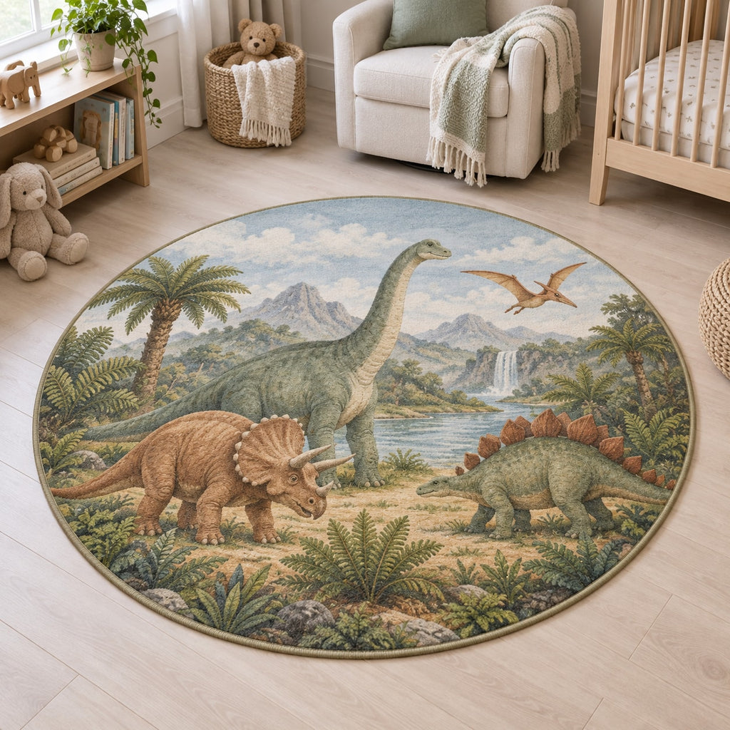 Dinosaur Discovery Area Rug with dimensional printed themed artwork; representative AI-generated mockup.