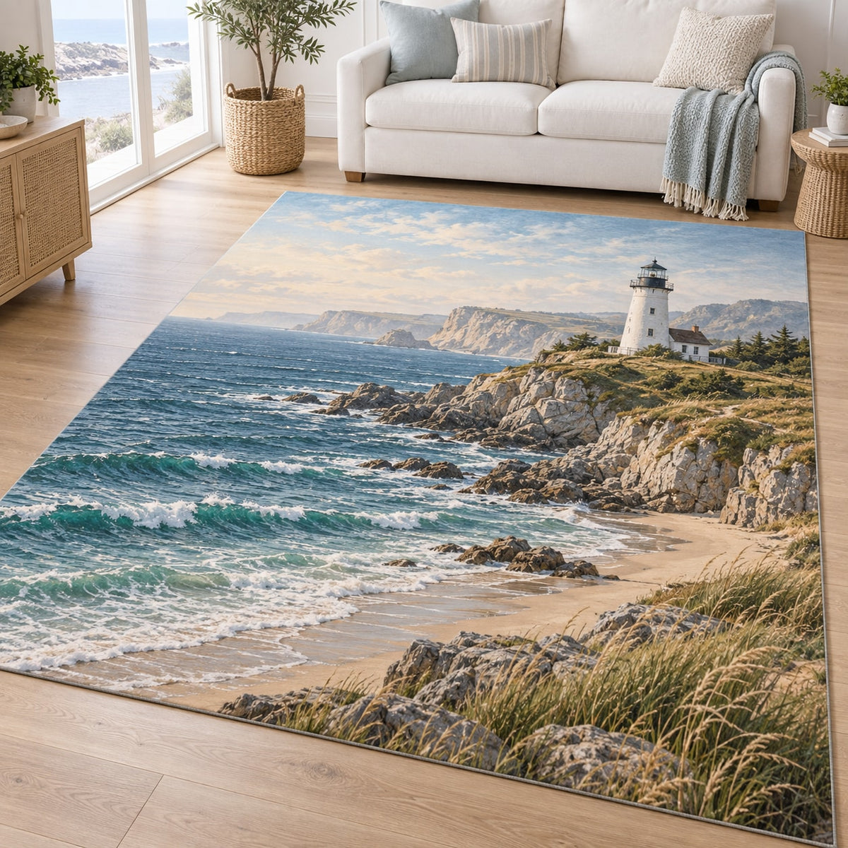 Lighthouse Coast Area Rug with dimensional printed themed artwork; representative AI-generated mockup.