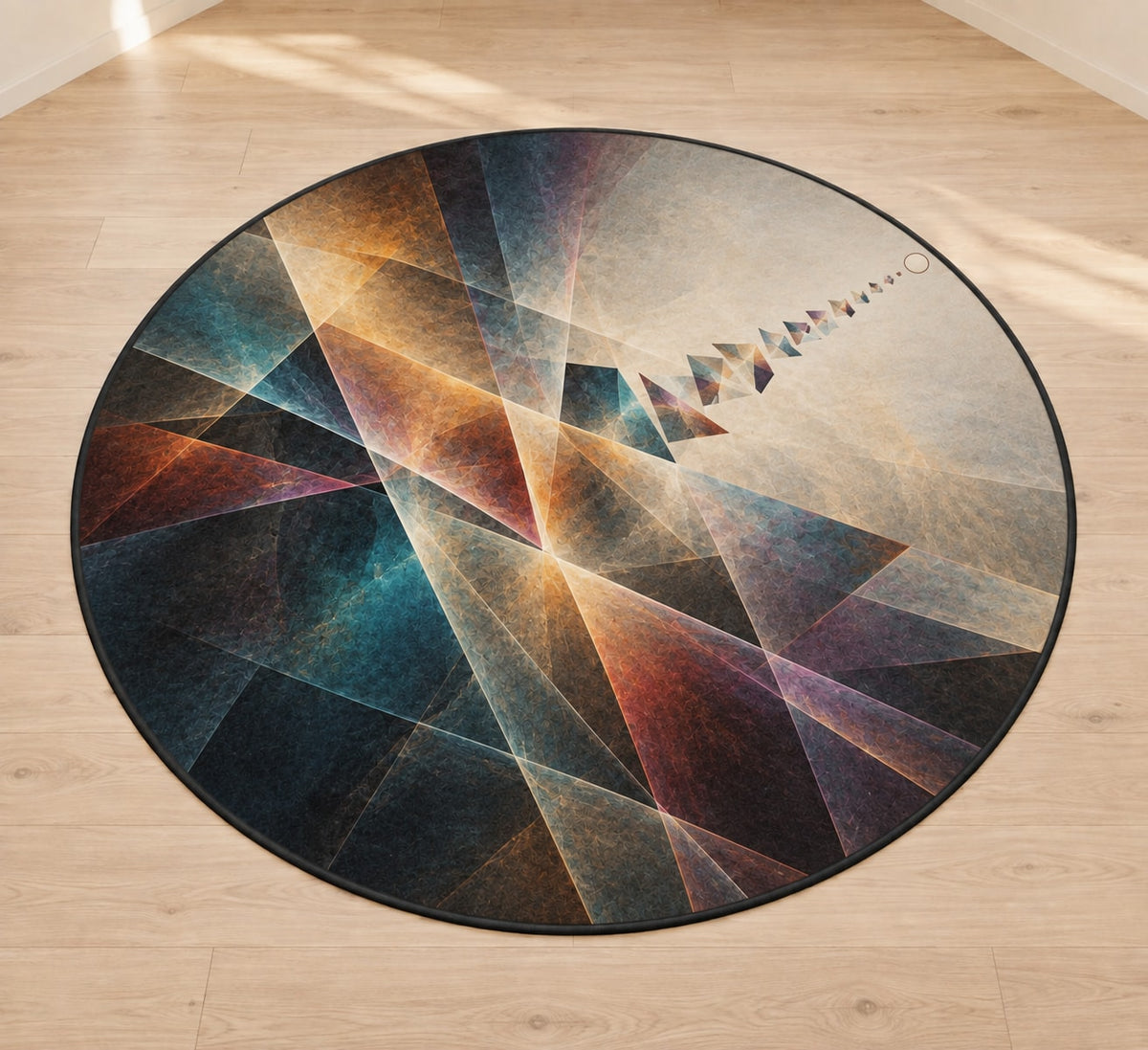 Lumen Parallax Field Area Rug with dimensional printed themed artwork; representative AI-generated mockup.