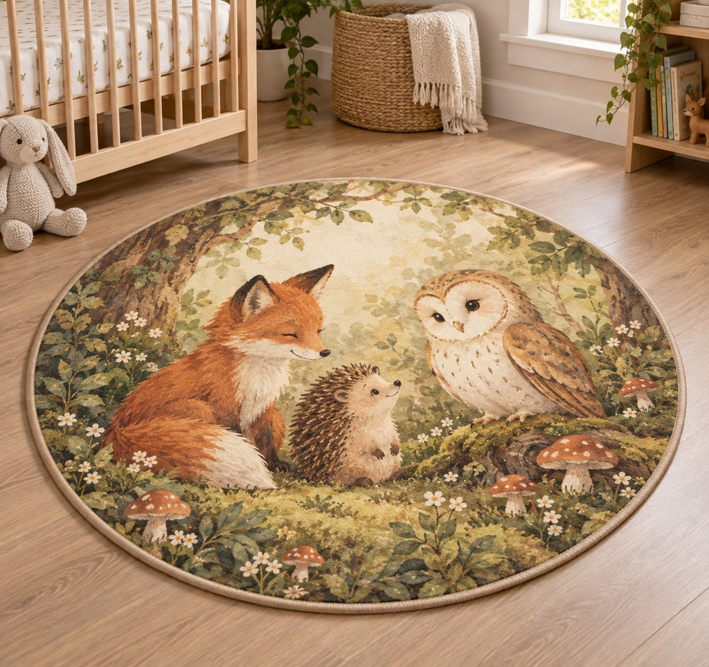 Original Storybook Animals Area Rug with dimensional printed themed artwork; representative AI-generated mockup.