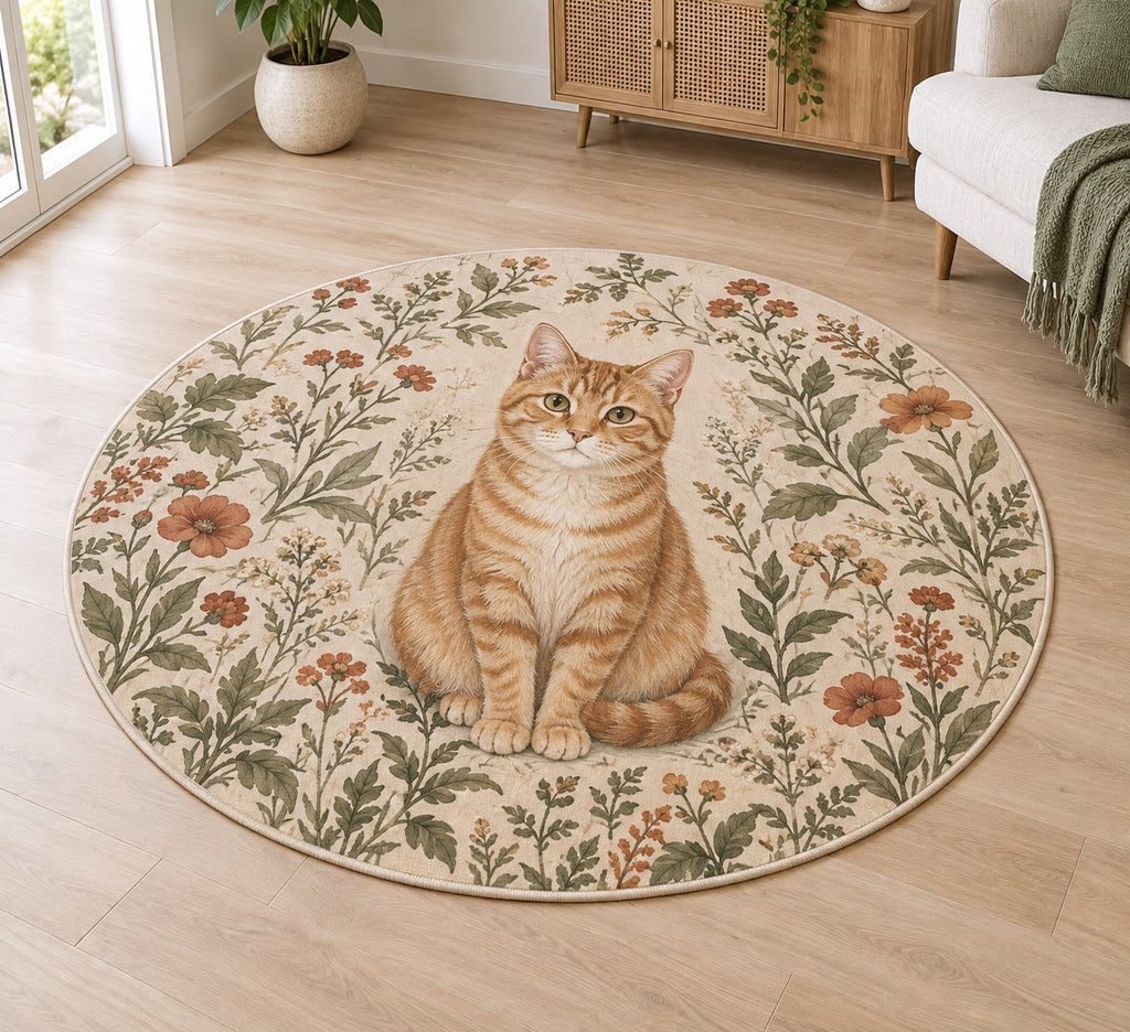 Orange Tabby Cat Companion Area Rug with dimensional printed themed artwork; representative AI-generated mockup.