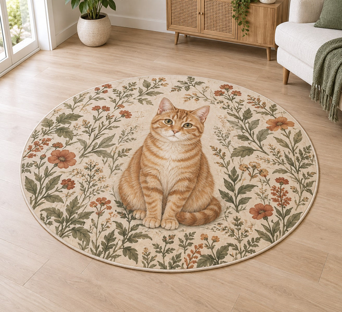 Orange Tabby Cat Companion Area Rug with dimensional printed themed artwork; representative AI-generated mockup.