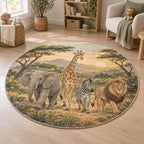 Safari Animal Parade Area Rug with dimensional printed themed artwork; representative AI-generated mockup.
