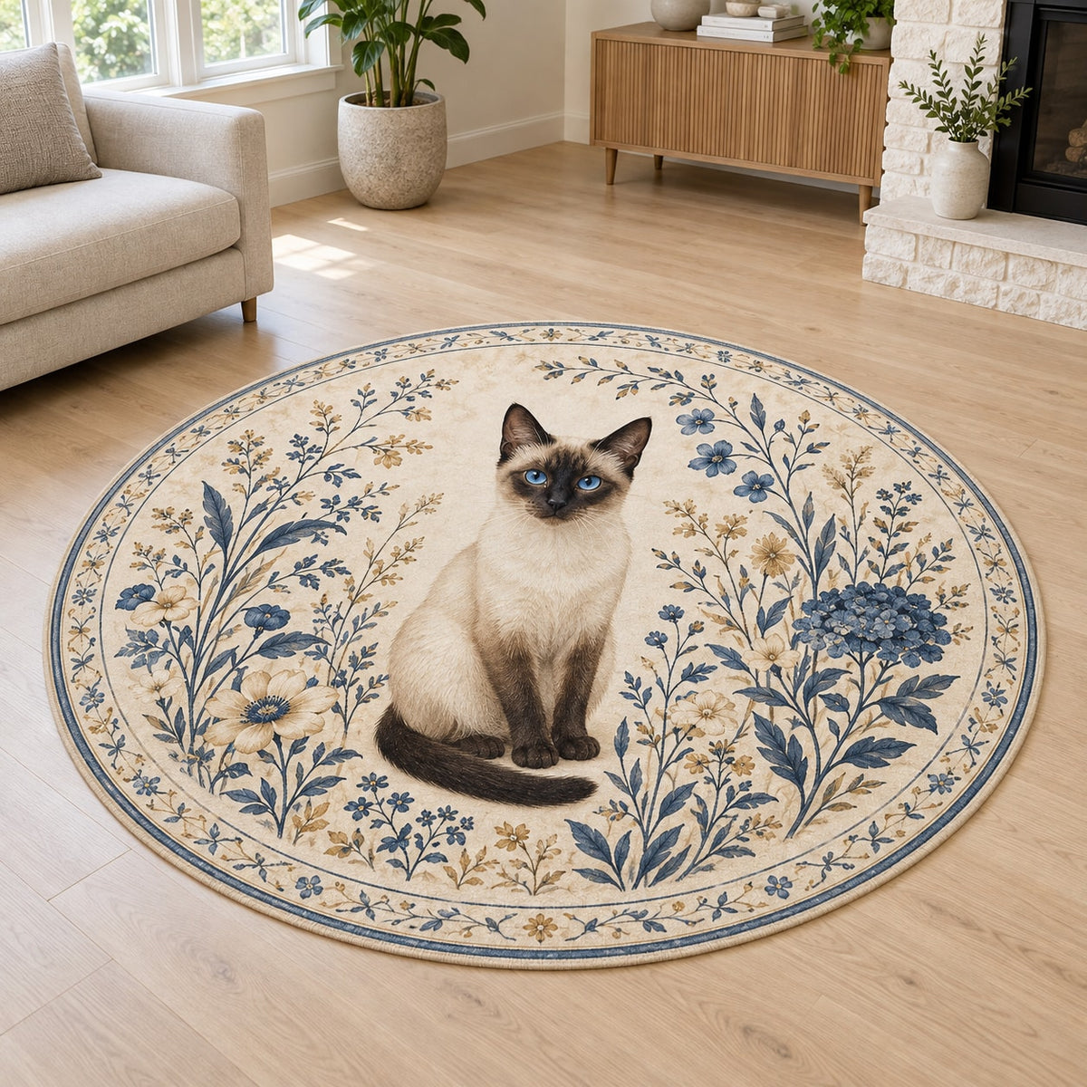 Siamese Cat Companion Area Rug with dimensional printed themed artwork; representative AI-generated mockup.