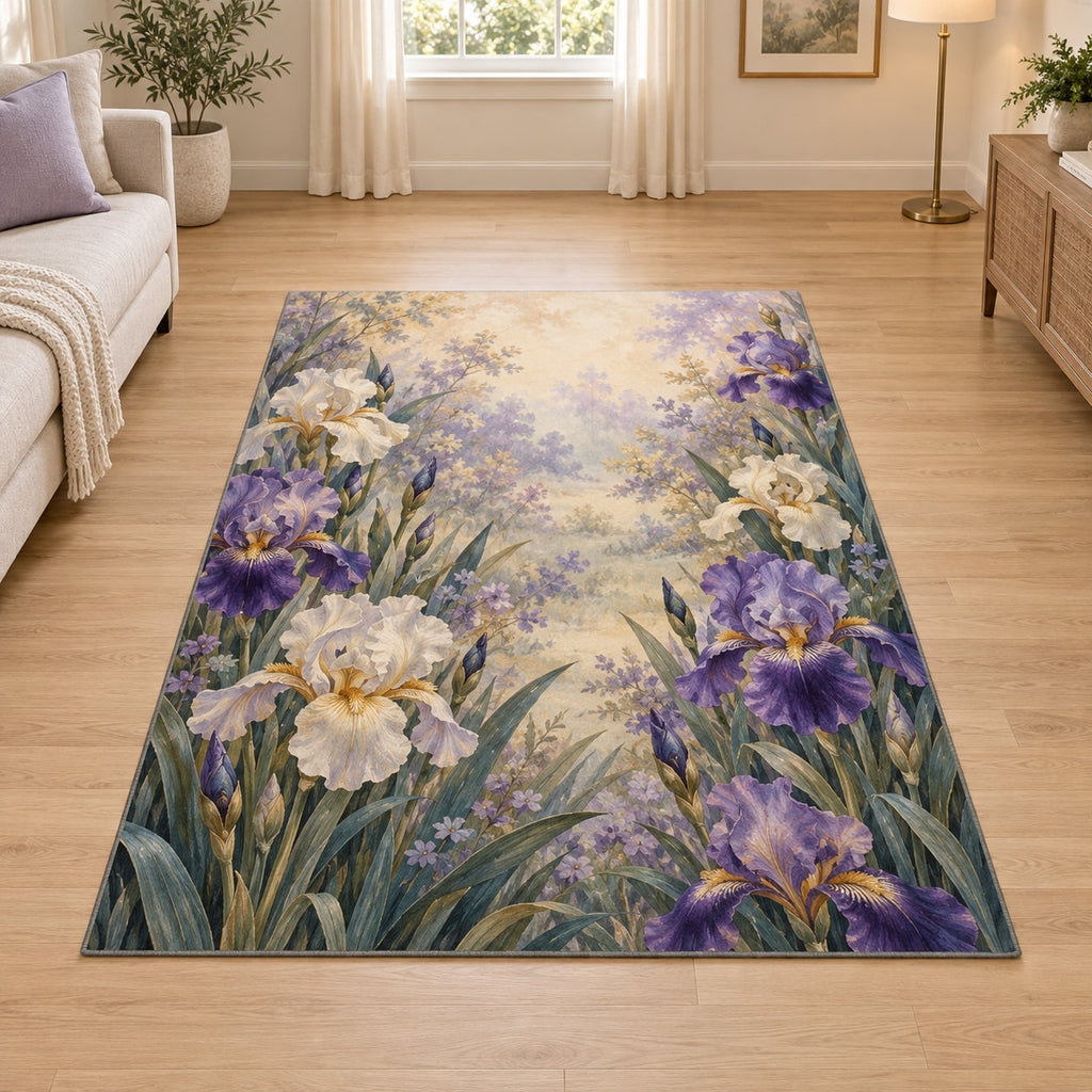Iris Garden Area Rug with dimensional printed themed artwork; representative AI-generated mockup.