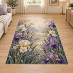 Iris Garden Area Rug with dimensional printed themed artwork; representative AI-generated mockup.