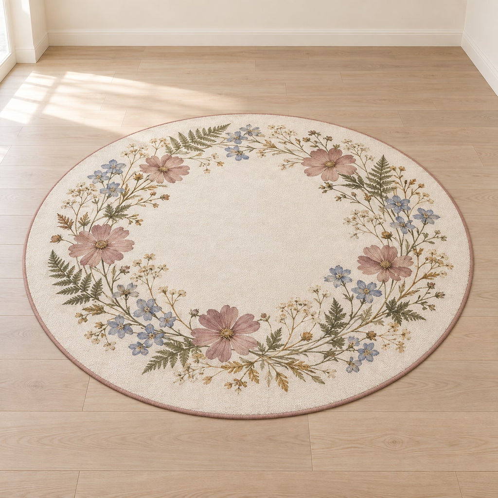 Pressed Flower Wedding Wreath Area Rug with dimensional printed themed artwork; representative AI-generated mockup.