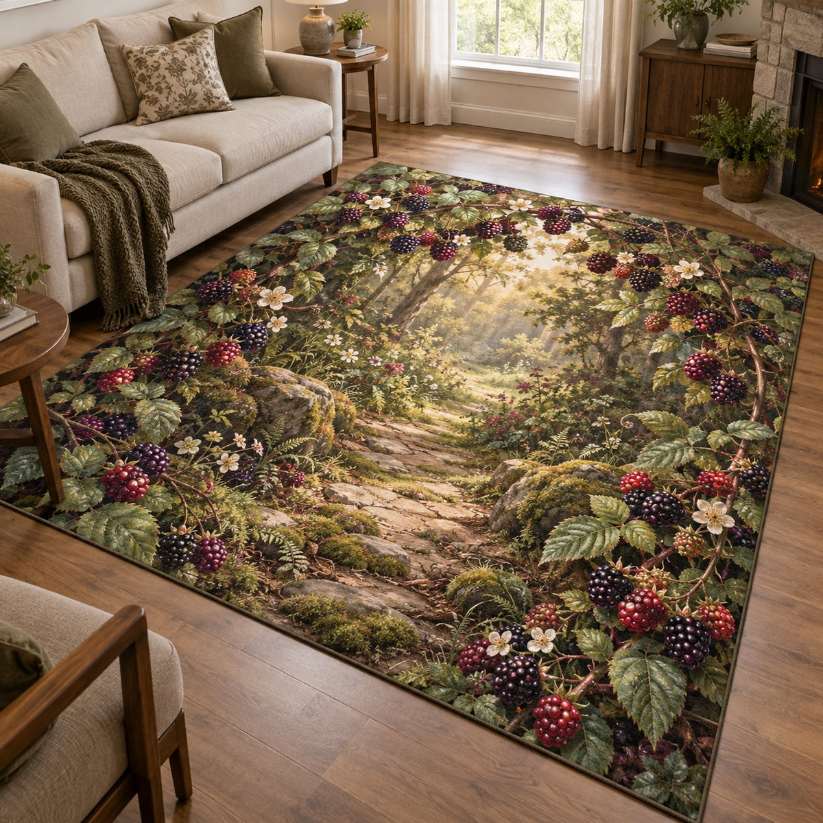 Wild Berry Bramble Area Rug with dimensional printed themed artwork; representative AI-generated mockup.