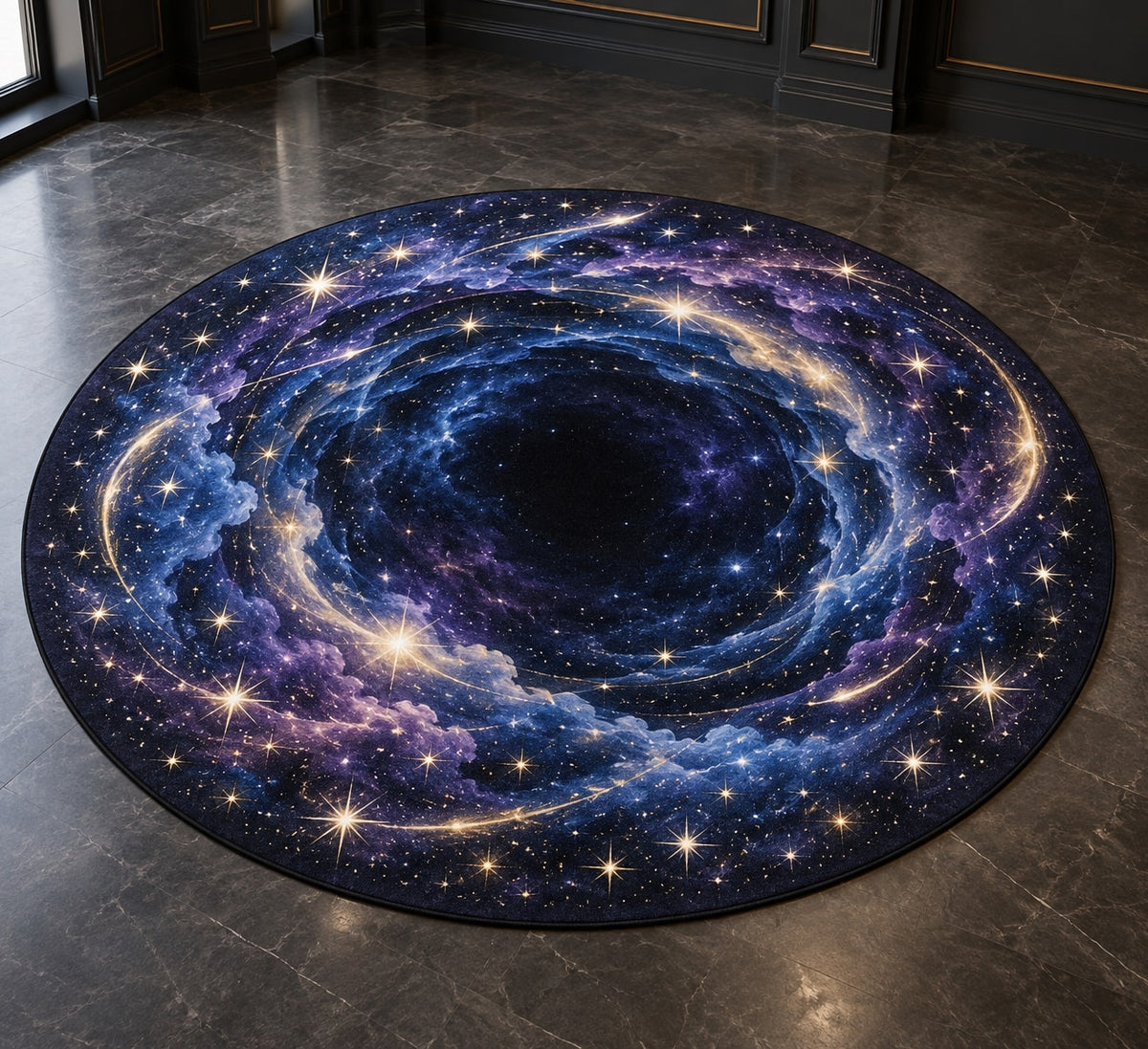 Milestone Birthday Star Portal Area Rug with dimensional printed themed artwork; representative AI-generated mockup.