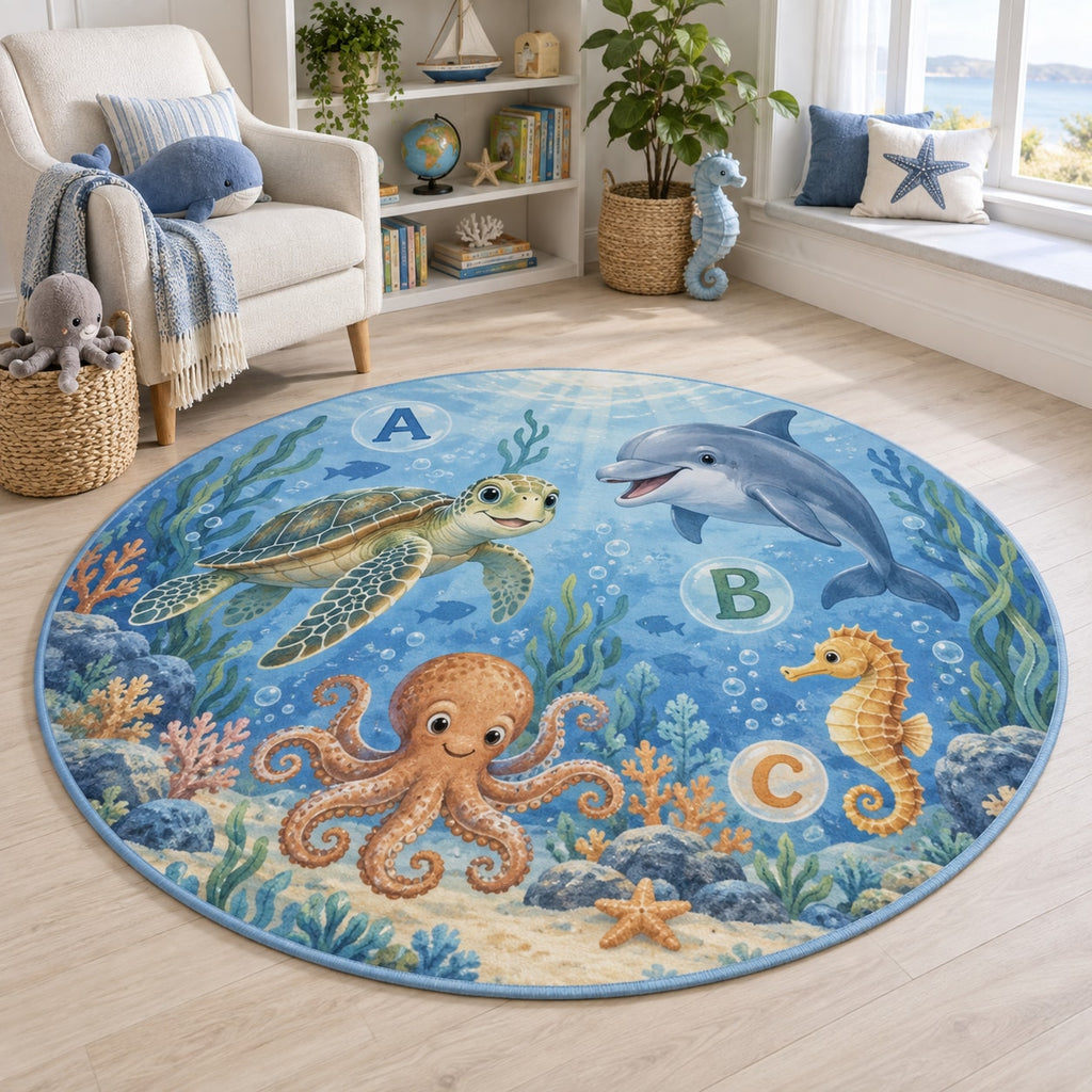 Ocean Animal Alphabet Area Rug with dimensional printed themed artwork; representative AI-generated mockup.
