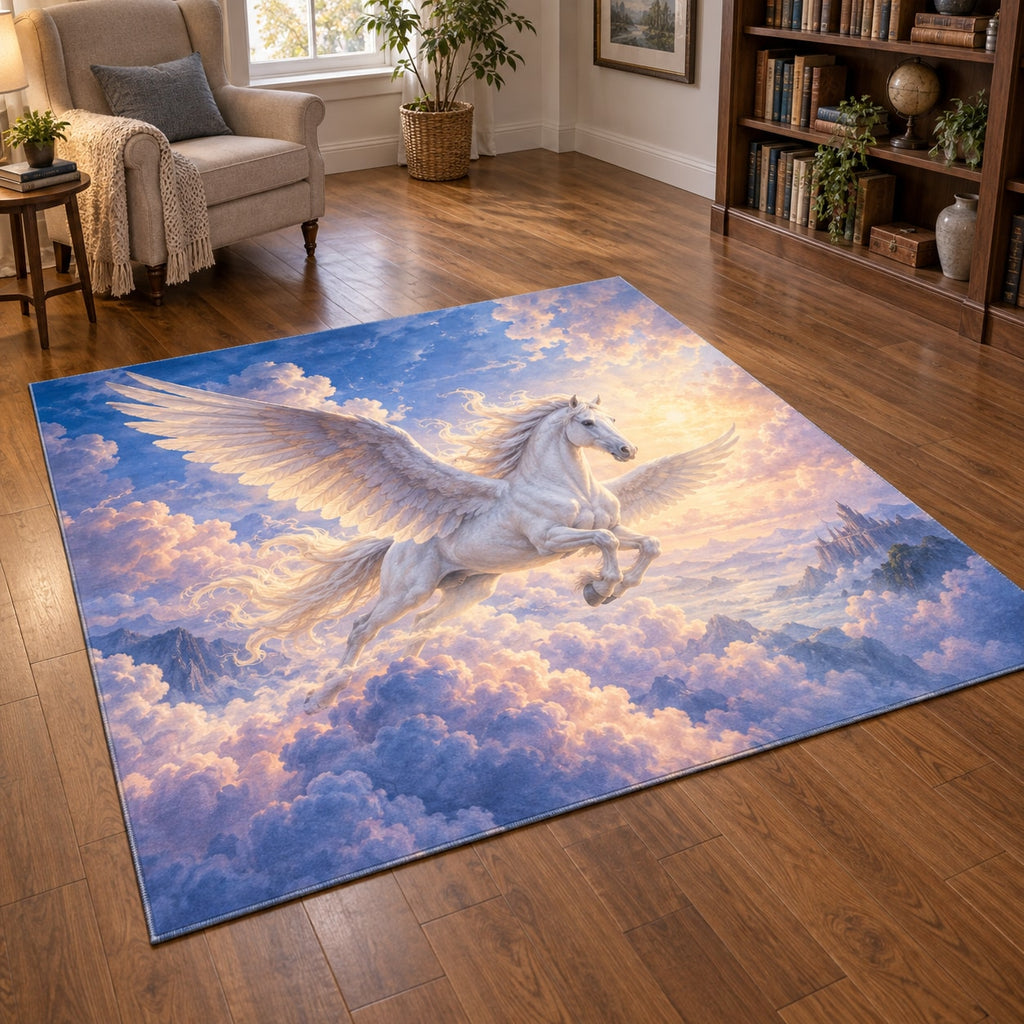 Pegasus Cloudscape Area Rug with dimensional printed themed artwork; representative AI-generated mockup.