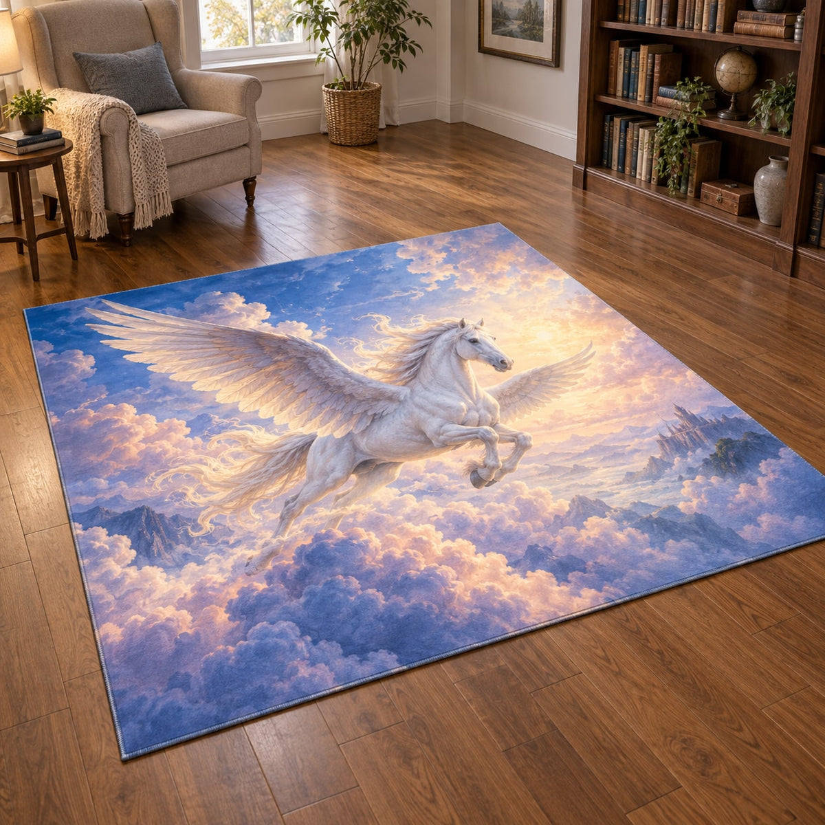 Pegasus Cloudscape Area Rug with dimensional printed themed artwork; representative AI-generated mockup.