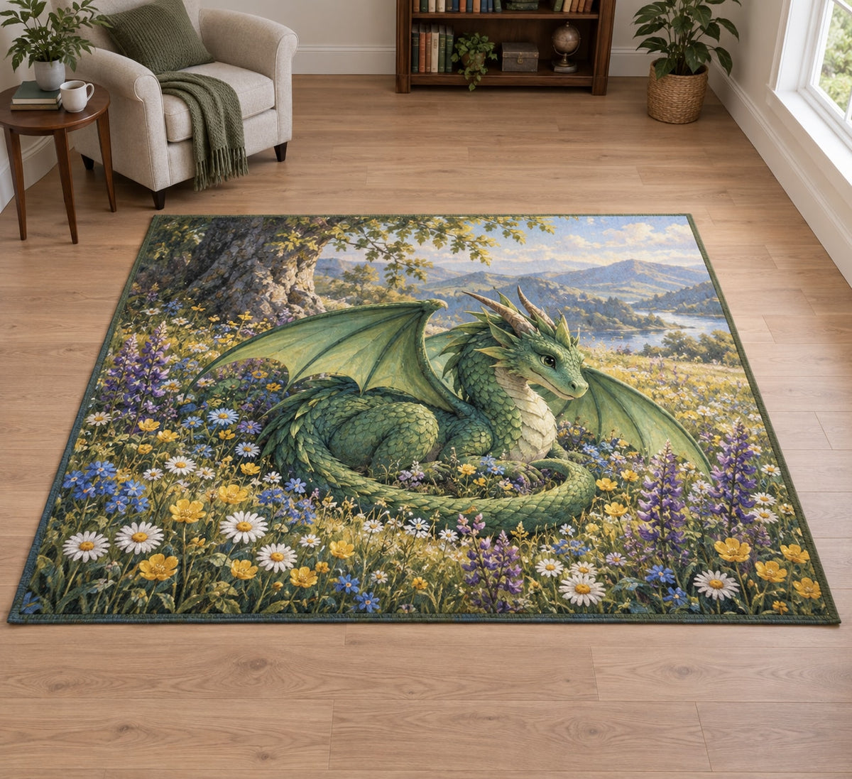 Dragon and Wildflowers Area Rug with dimensional printed themed artwork; representative AI-generated mockup.