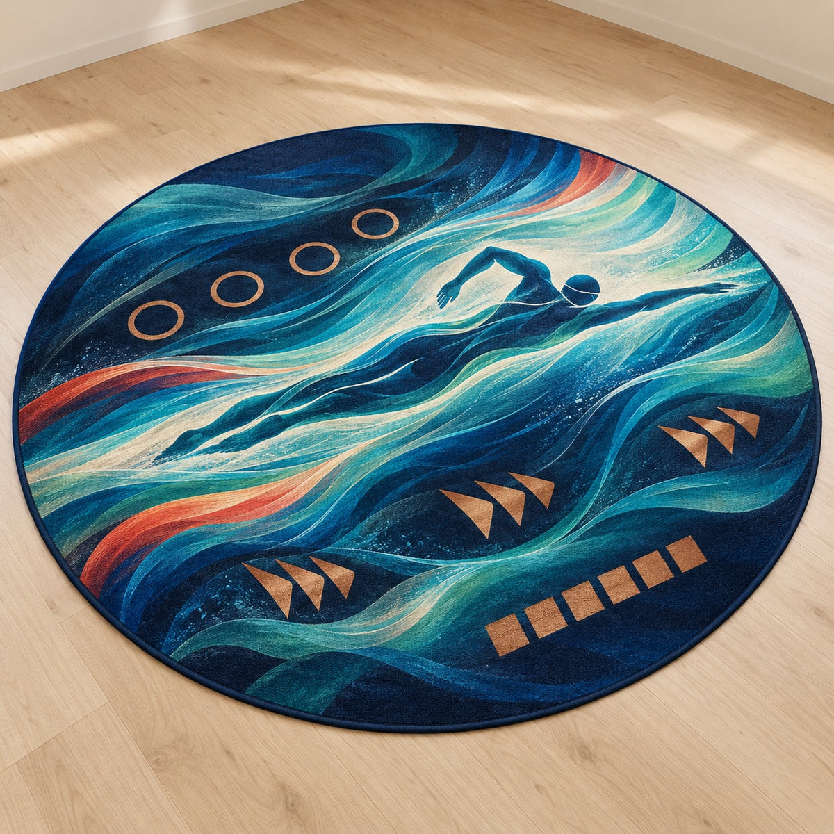 Luminous Lane Resonance Area Rug with dimensional printed themed artwork; representative AI-generated mockup.