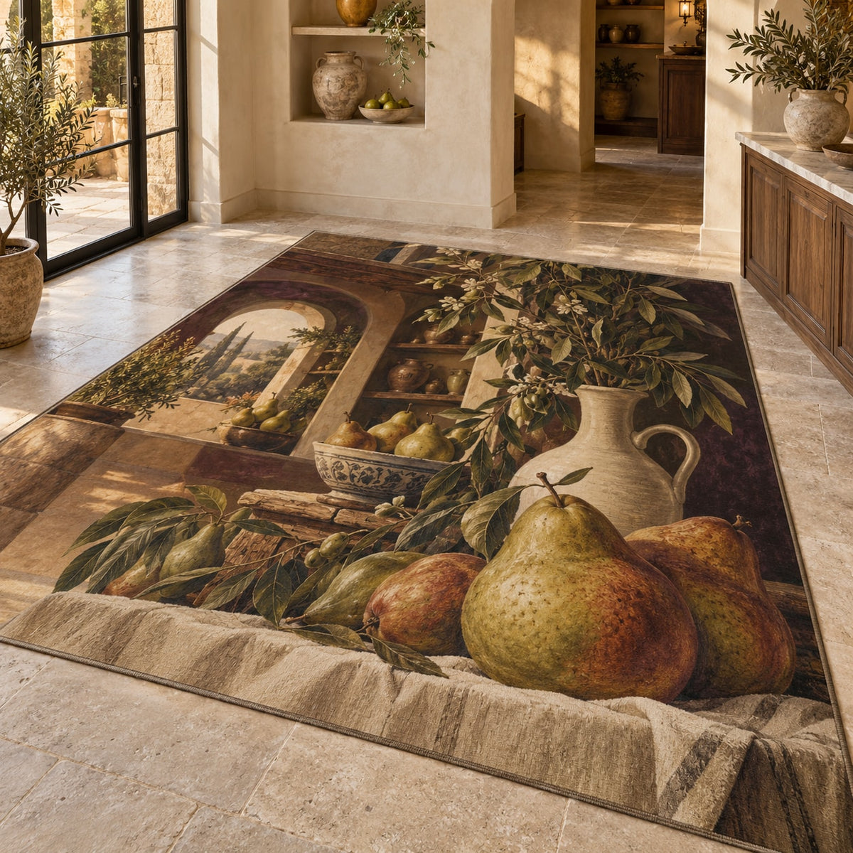 Pear Still Life Area Rug with dimensional printed themed artwork; representative AI-generated mockup.