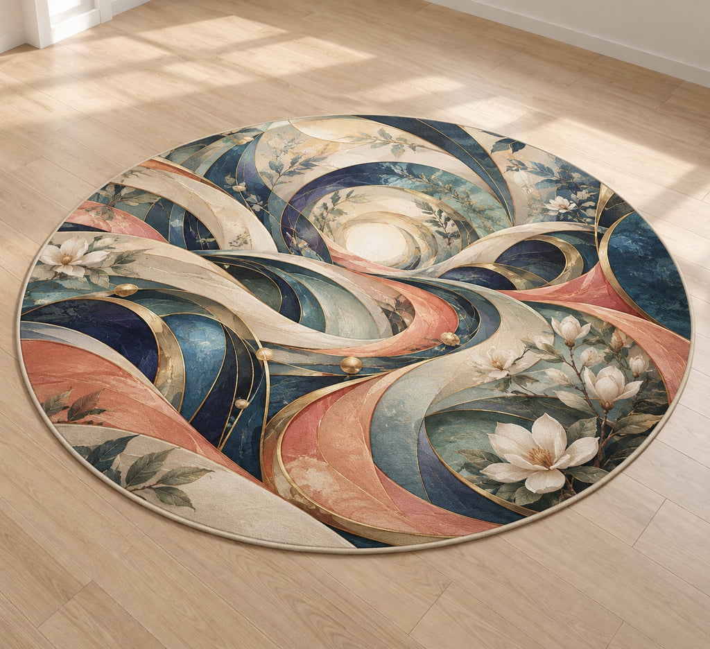 Compassion Bridge Atrium Area Rug with dimensional printed themed artwork; representative AI-generated mockup.