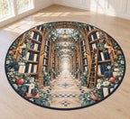 Storybook Library Conservatory Area Rug with dimensional printed themed artwork; representative AI-generated mockup.