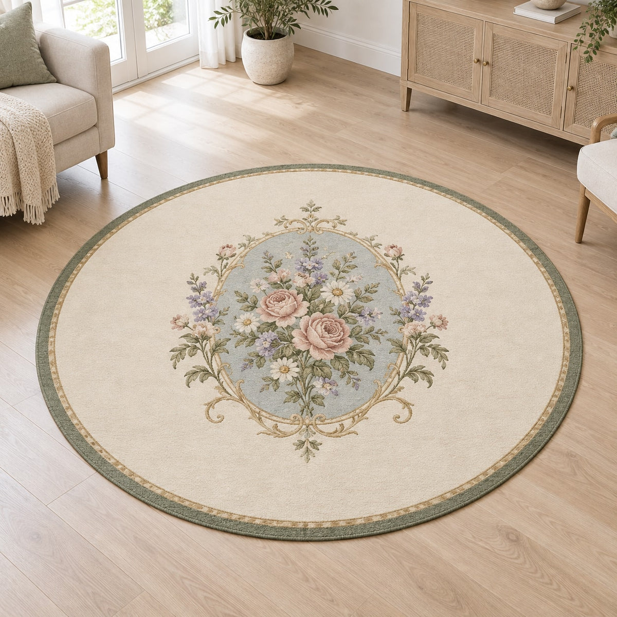 Vintage Garden Cameo Area Rug with dimensional printed themed artwork; representative AI-generated mockup.