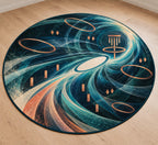 Aerochain Meridian Area Rug with dimensional printed themed artwork; representative AI-generated mockup.