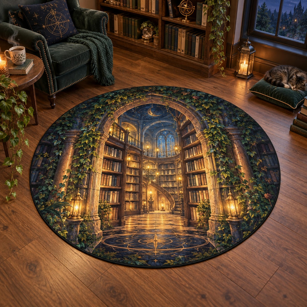 Enchanted Library Arch Area Rug with dimensional printed themed artwork; representative AI-generated mockup.