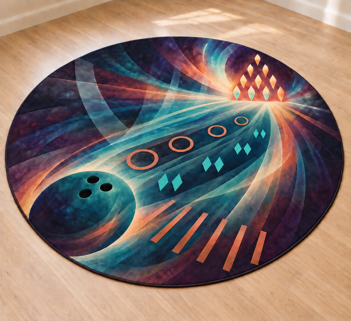 Tenpin Aurora Lattice Area Rug with dimensional printed themed artwork; representative AI-generated mockup.