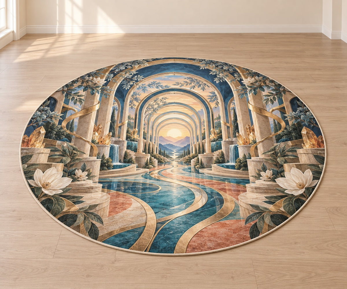 Physical Therapy Motion Atrium Area Rug with dimensional printed themed artwork; representative AI-generated mockup.