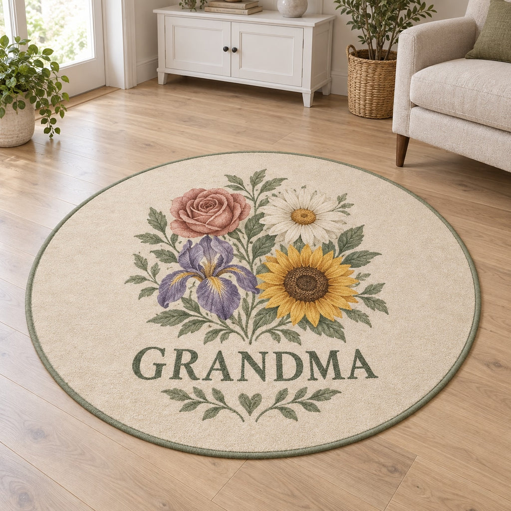 Grandmother Birth Flower Garden Area Rug with dimensional printed themed artwork; representative AI-generated mockup.
