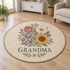 Grandmother Birth Flower Garden Area Rug with dimensional printed themed artwork; representative AI-generated mockup.