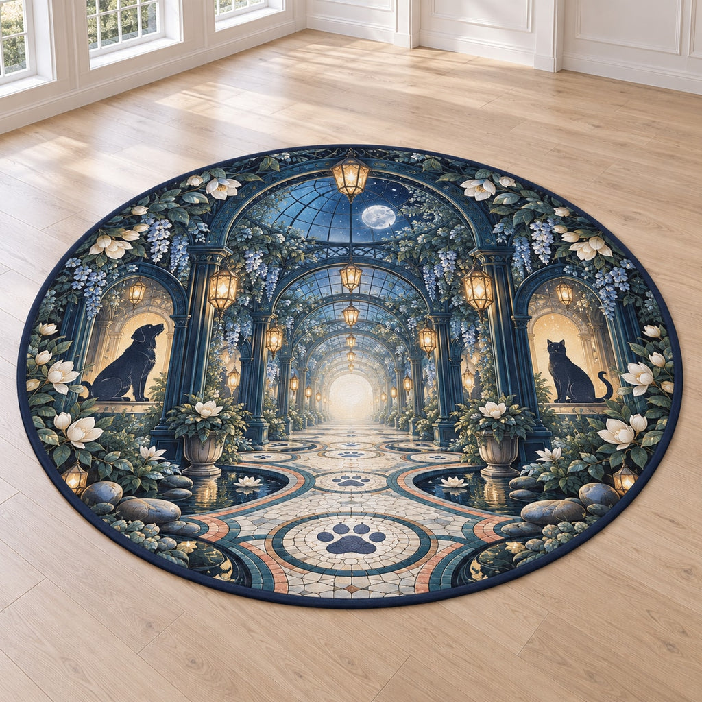 Vet Tech Lantern Conservatory Area Rug with dimensional printed themed artwork; representative AI-generated mockup.