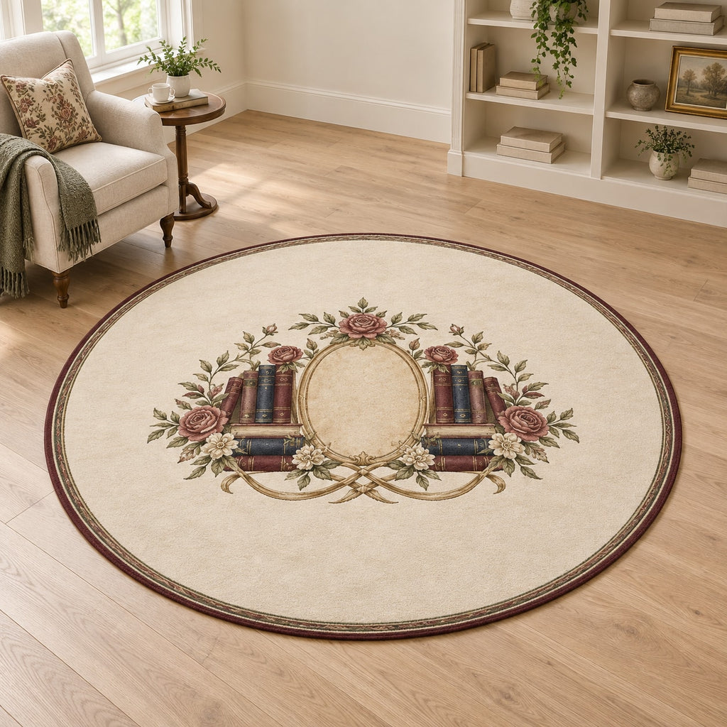 Antique Library Rose Area Rug with dimensional printed themed artwork; representative AI-generated mockup.