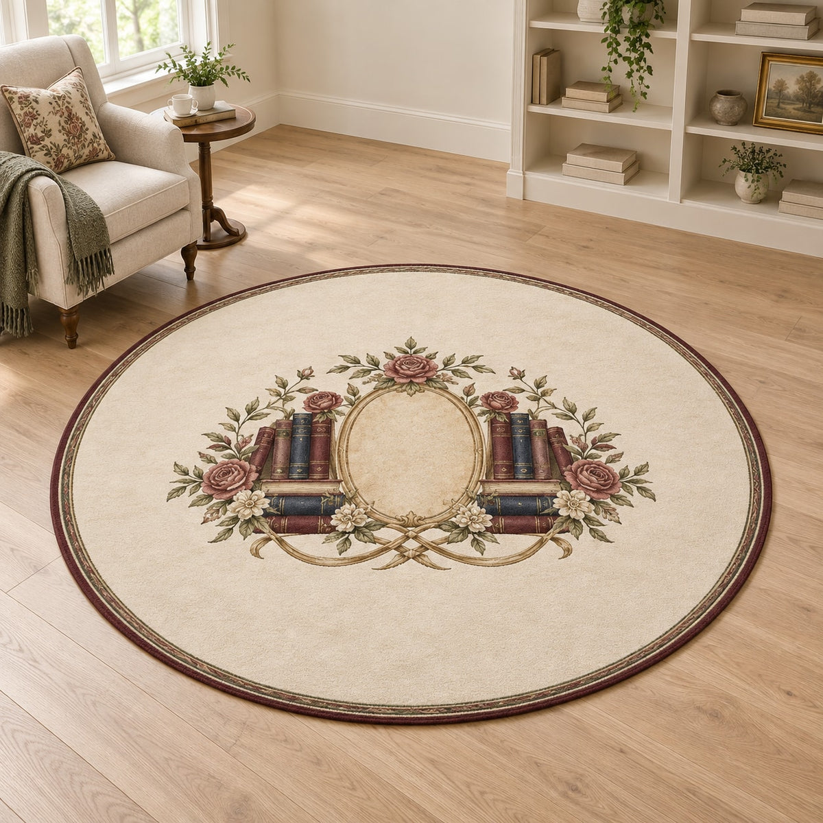 Antique Library Rose Area Rug with dimensional printed themed artwork; representative AI-generated mockup.
