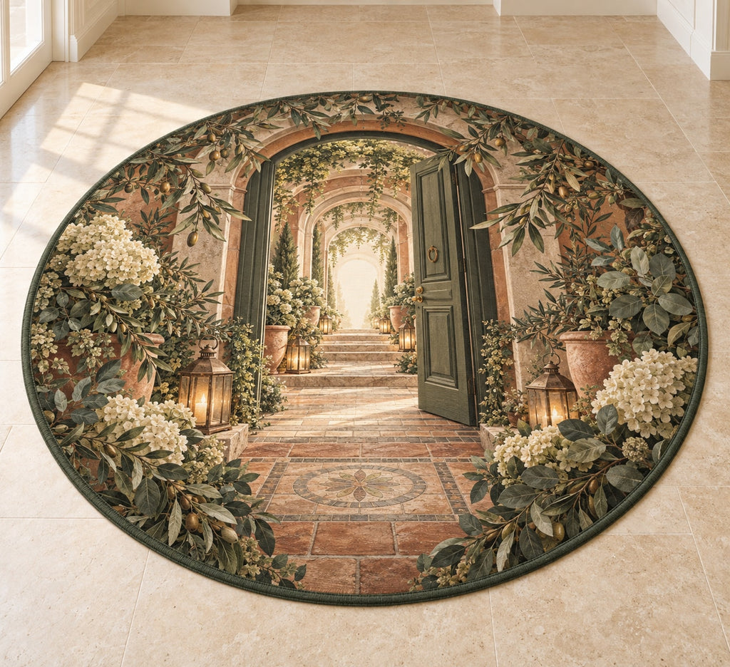 Housewarming Lantern Portal Area Rug with dimensional printed themed artwork; representative AI-generated mockup.