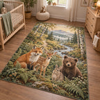 Woodland Animal Friends Area Rug with dimensional printed themed artwork; representative AI-generated mockup.