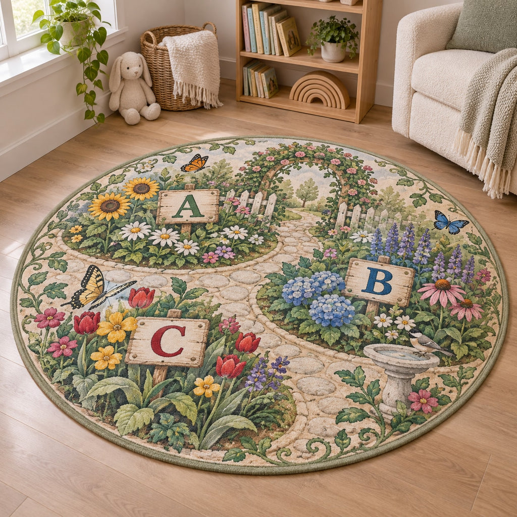 Alphabet Garden Area Rug with dimensional printed themed artwork; representative AI-generated mockup.