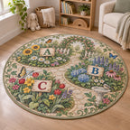Alphabet Garden Area Rug with dimensional printed themed artwork; representative AI-generated mockup.