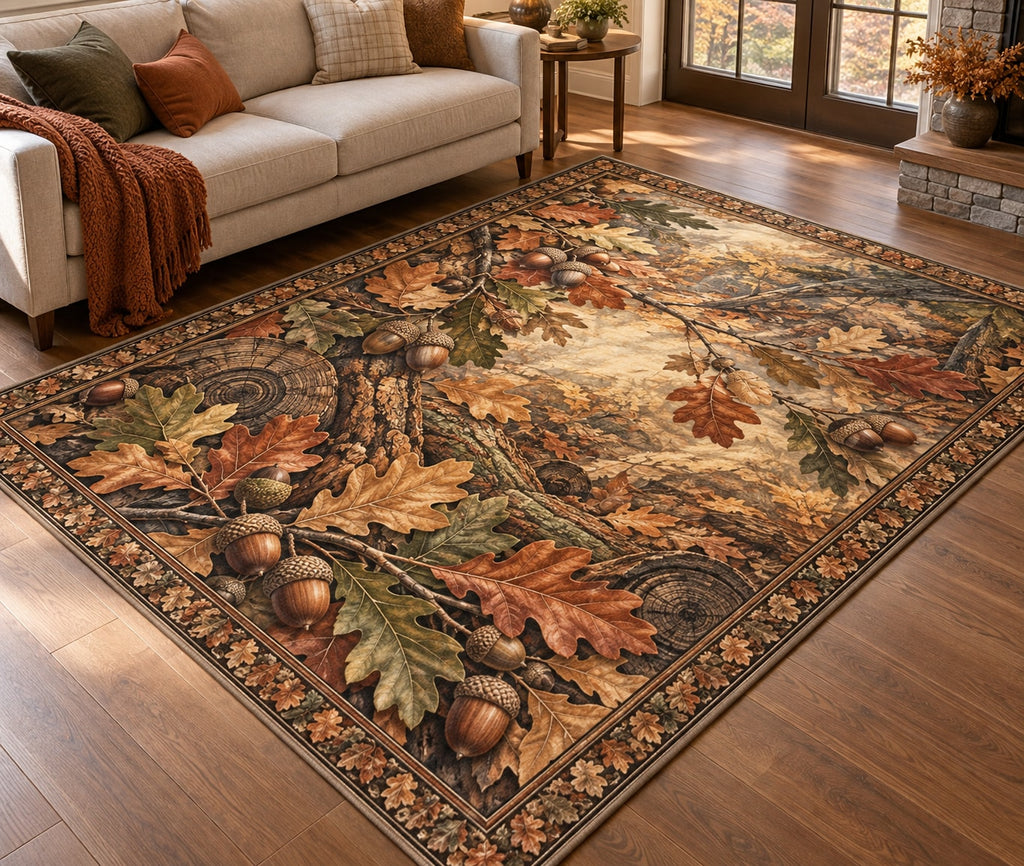 Acorns and Oak Leaves Area Rug with dimensional printed themed artwork; representative AI-generated mockup.