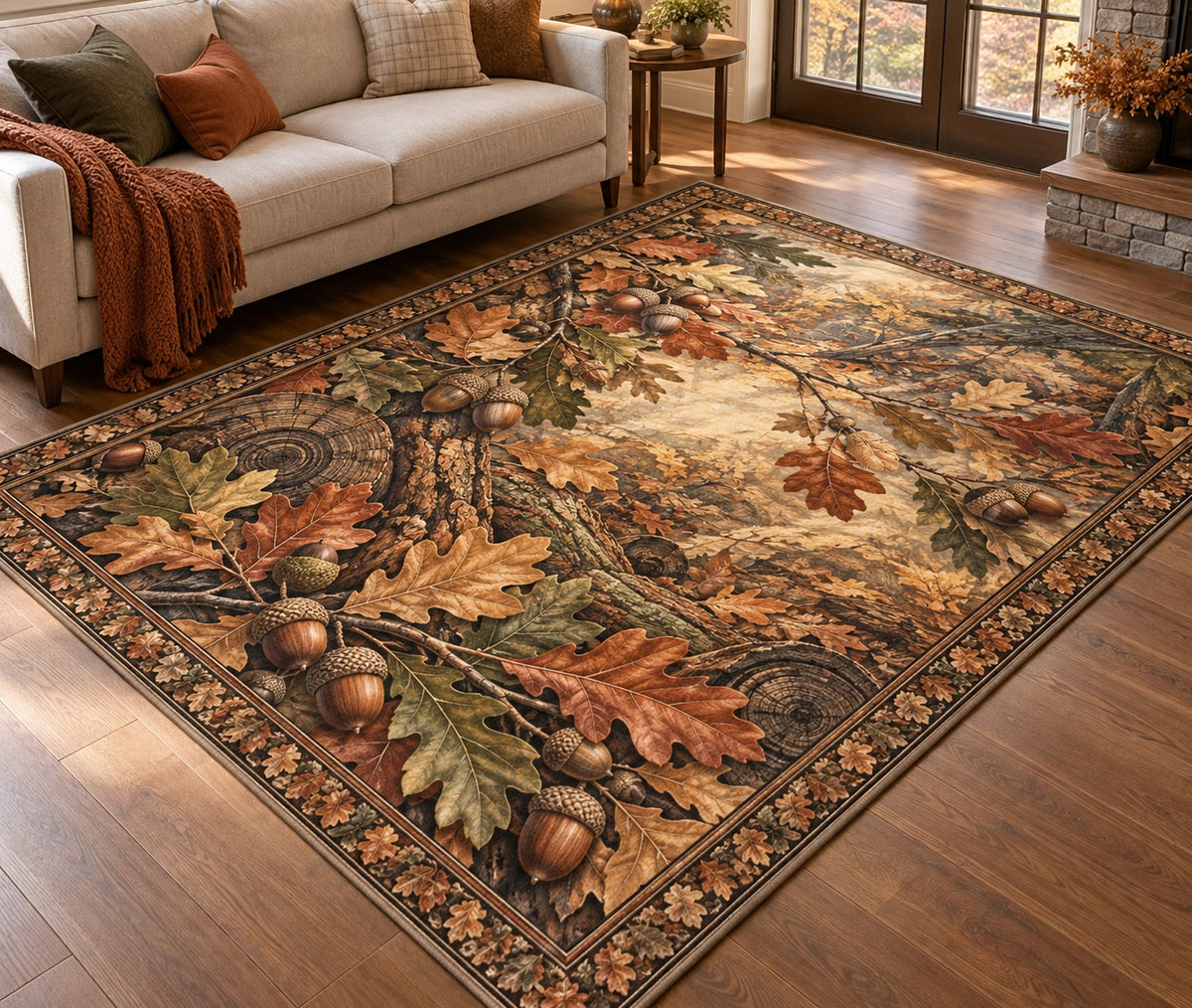 Acorns and Oak Leaves Area Rug with dimensional printed themed artwork; representative AI-generated mockup.